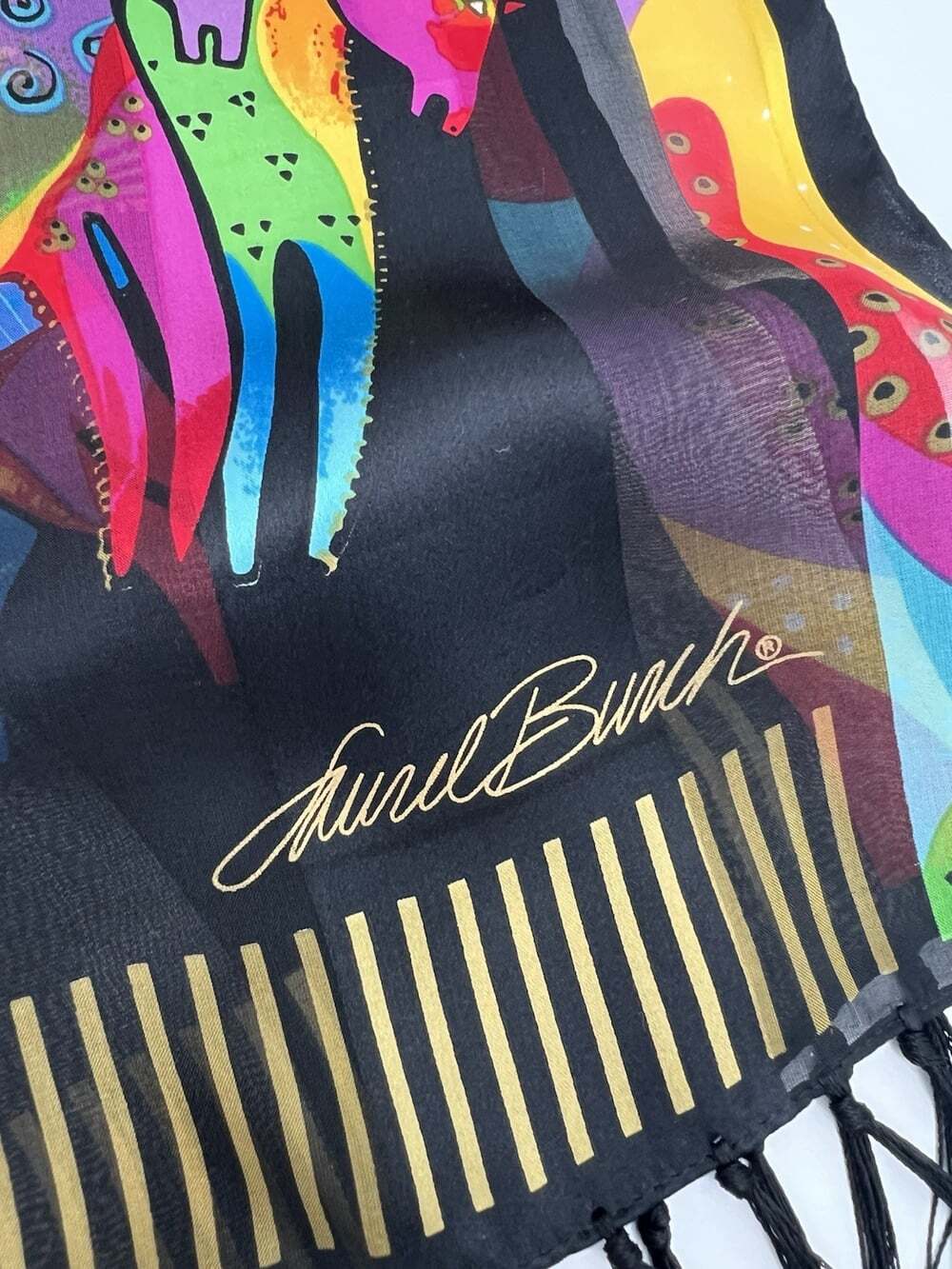Laurel Burch Silk Scarf Signed Colorful Horses Black Long Fringe 54x11 Vintage - Picture 2 of 6
